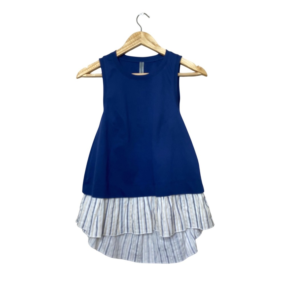 Anthropologie Mixed Media Open Back Ruffle Hem Tank Top Blue Striped‎ XS